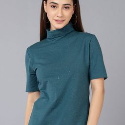 SHARKTRIBE Women Teal Printed High Neck Slim Fit Cotton T-shirt-picture-30
