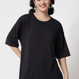Kotty Women Black Drop-Shoulder Sleeves Applique Oversized  T-shirt-image-58