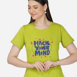BASE 41 Women Lime Green Typography Slim Fit Cotton T-shirt-image-20