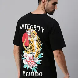 VEIRDO Men Black & french middle red purple Floral Printed Raw Edge OversizedT-shirt-image-4