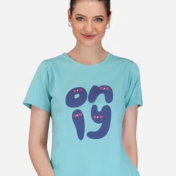 BASE 41 Women Turquoise Blue Typography Printed Slim Fit T-shirt-image-99