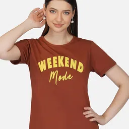 BASE 41 Women Brown Typography Printed V-Neck Applique Slim Fit T-shirt-image-38