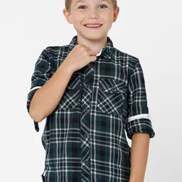 KATE & OSCAR Boys Green Standard Tartan Checks Checked Cotton Casual Shirt-image-10
