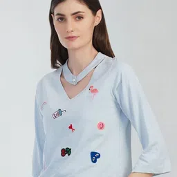 Moda Elementi Printed V-Neck Short Sleeves Casual Top-image-18