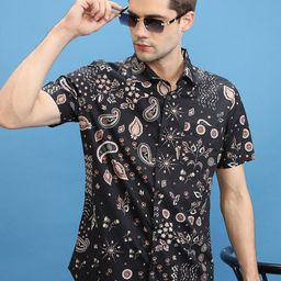 HIGHLANDER Black Slim Fit Paisley Printed Opaque Cotton Casual Shirt-image-16