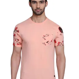 Blackberrys Men Peach-Coloured Printed V-Neck Applique Slim Fit T-shirt-image-54