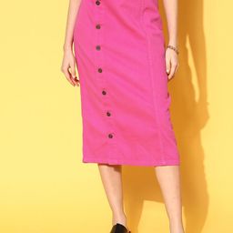 SASSAFRAS Women Pink Solid  Denim Midi Pencil Skirt-image-98