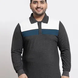 Kalt Men Plus Size Charcoal & White Colourblocked Polo Collar T-shirt-image-85