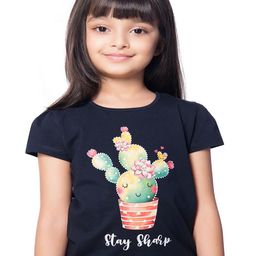 Tiny Baby Girls Navy Blue & Green Printed Puff Sleeve T-shirt-image-50