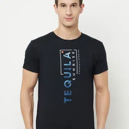 Octave Men Navy Blue & raisin black Typography Printed Raw Edge T-shirt-image-32