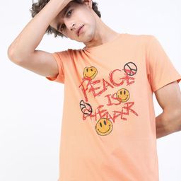 HIGHLANDER Men Peach-Coloured Typography Printed Slim Fit T-shirt-picture-0