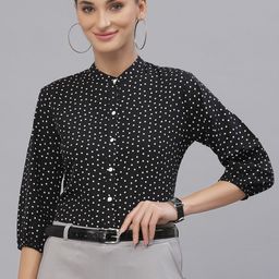 Style Quotient Black Polka Dot Print Mandarin Collar Shirt Style Top-image-61