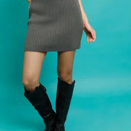 Tokyo Talkies Grey Self-Designed Acrylic Pencil Mini Skirt-image-42