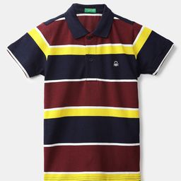 United Colors of Benetton Boys Navy Blue & Maroon Striped Polo Collar T-shirt-33