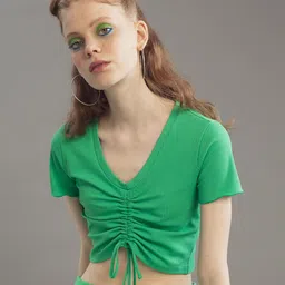 DeFacto Women Cotton V-Neck Crop T-shirt-image-89