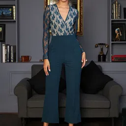 Athena Women Teal Basic Jumpsuit with Lace Inserts-image-63