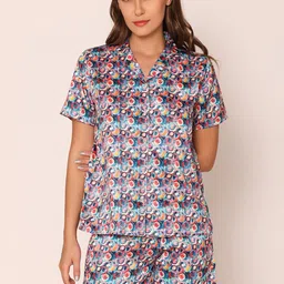 Vami Geometric Printed Shirt & Shorts Satin Night Suit-image-46