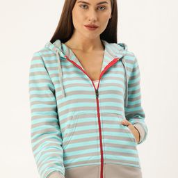 Campus Sutra Women Grey & Blue Striped Hooded Sweatshirt-image-59