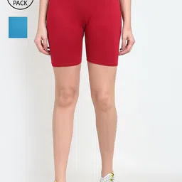 GRACIT Women Red & Sky Blue Solid Pack of 2 Lycra Biker Shorts-image-42