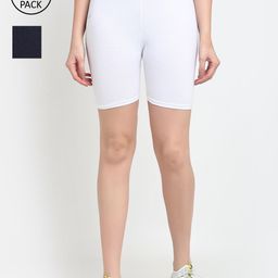 Jinfo Women Pack of 2 White & Navy Blue Solid Cycling Shorts-image-37