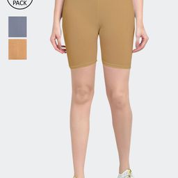 GRACIT Women Grey & Mustard Pack Of 3 Cycling Sports Cotton Shorts-image-10