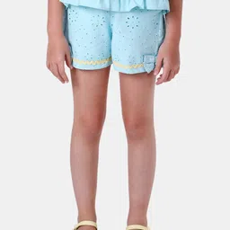 One Friday Girls Blue Schiffli Embellished Cotton Shorts-83