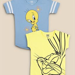 Kids Ville Girls Pack Of 2 Blue & Yellow Looney Tunes Printed Pure Cotton T-shirt-image-84