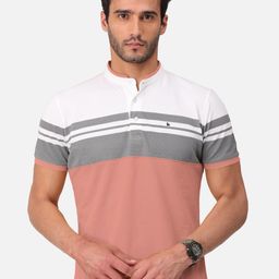 BULLMER Men Pink Striped Mandarin Collar Bio Finish T-shirt-image-17