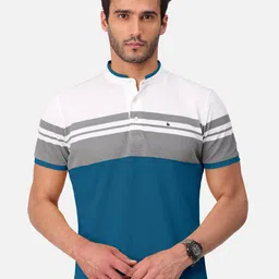 BULLMER Men Turquoise Blue Colourblocked Mandarin Collar Bio Finish T-shirt-image-94