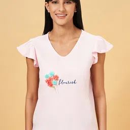 Dreamz by Pantaloons Printed Flutter Sleeves Pure Cotton Lounge T-Shirt-image-95
