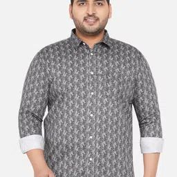 John Pride Men Plus Size Grey Floral Printed Cotton Casual Shirt-picture-2