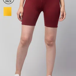 Apraa & Parma Women Pack Of 2 Maroon & Yellow Slim Fit Pure Cotton Cycling Sports Shorts-picture-12