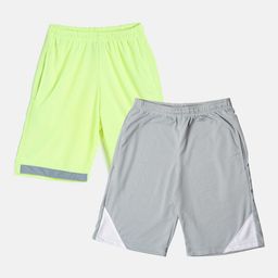 TINY HUG Boys Pack Of 2 Fluorescent Green & Grey High-Rise Outdoor Sports Shorts-31