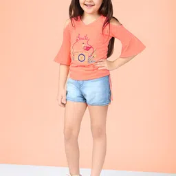 Naughty Ninos Girls Peach-Coloured & Blue Printed Top with Shorts-image-65