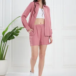 KASSUALLY Pink Shirt Collar Shirt With Shorts-image-34