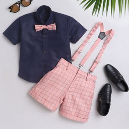 BAESD Boys Checked Short Sleeves Shirt With Shorts Bow & Suspenders-46