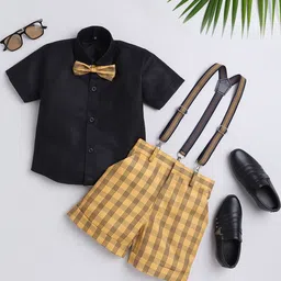 BAESD Boys Checked Short Sleeves Shirt With Shorts Bow & Suspenders-11