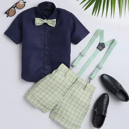 BAESD Boys Checked Short Sleeves Shirt With Shorts Bow & Suspenders-image-77