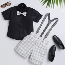 BAESD Boys Checked Short Sleeves Shirt With Shorts Bow & Suspenders-image-92