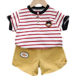 StyleCast Kids Red Striped Pure Cotton T-shirt With Short-25