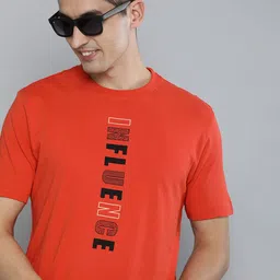HERE&NOW Men Orange & Black Printed Pure Cotton T-shirt-image-67