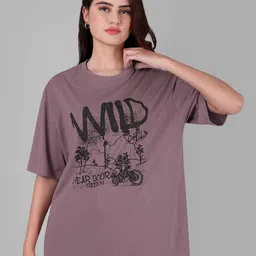 The Roadster Lifestyle Co Mauve Graphic Printed Cotton Round Neck Oversized-Fit Tshirt-image-85