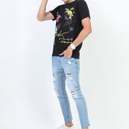 KETCH Men Black Biker Printed Raw Edge Slim Fit T-shirt-image-53