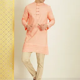 House of Pataudi Men Peach-Coloured Zari Striped Rozana Kurta-41