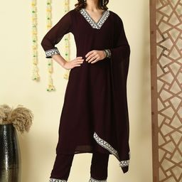 KALINI Thread Work Georgette Kurta With Trousers & Dupatta-image-67