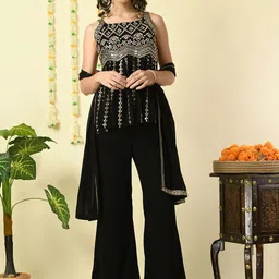 KALINI Ethnic Motifs Embroidered Mirror Work Top with Palazzos & Dupatta-picture-30