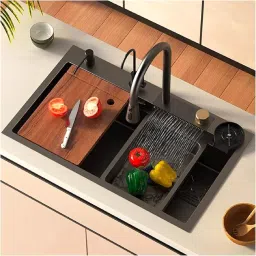 CUP WASHER,30"X18"X10", HEAVY-DUTY 304 GRADE NANO BLACK (HONEYCOMB) WATERFALL KITCHEN SINK ANTI-SCRATCH DESIGN,INTEGRATED WATERFALL,PULL-DOWN FAUCET Vessel Sink-image-67