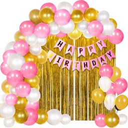 64 Pcs Pink, Golden & White Balloon Garland Arch with Happy Birthday Banner-image-90