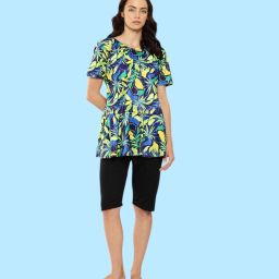 Aarika Womens Green-Black Colour Leaf Print Nylon Plus Size Swim Suit With Cap Self Design Women Green Swimsuit-image-1
