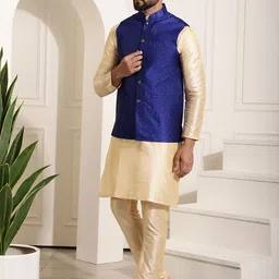SOJANYA Men Cream-Coloured Solid Kurta with Churidar & Nehru Jacket image 1